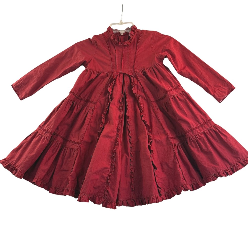 Jottum Childs Dress Size 4 Deep Red Long Sleeve Tiered Ruffle High Neck Cotton
